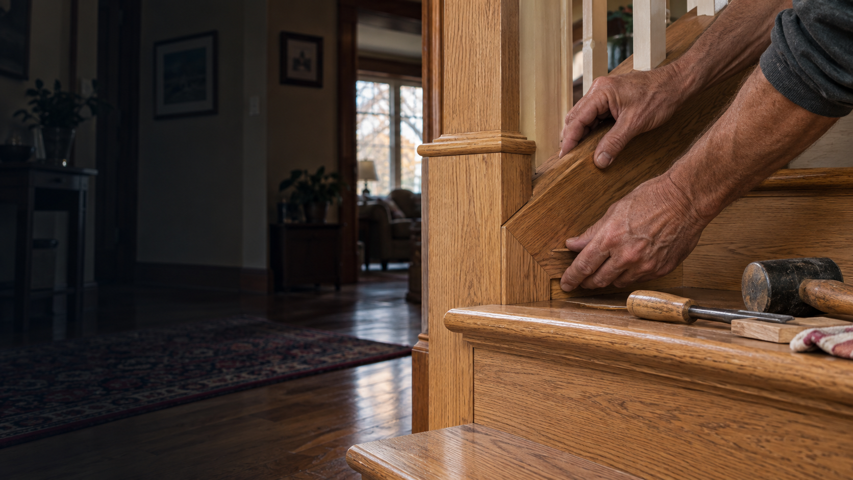 Craftsperson fitting oak stair trim in an Ontario home